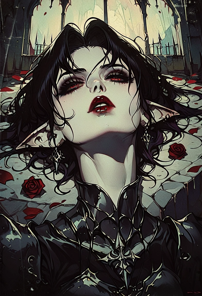  vampires, thick black hair pale skin, Eyes red, Red lips, Black armor with red details, with pointy ears, dark, dark Castle, fully body, lying on rose petals