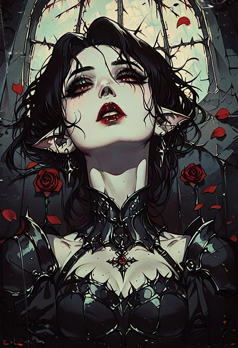  vampires, thick black hair pale skin, Eyes red, Red lips, Black armor with red details, with pointy ears, dark, dark Castle, fully body, lying on rose petals