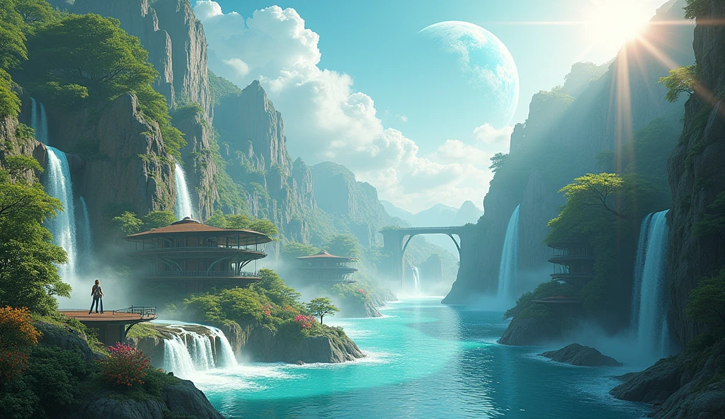 Isometric perspective view. Immerse yourself in a paradise world, enlightened and rich, where the purity of the air and the cleanliness of the environment create an atmosphere of unparalleled serenity. A large nearby planet adorns the crystal-clear sky, complementing the natural beauty of the landscape. Majestic waterfalls flow constantly, serving as the heart of this paradise. The inhabitants of this world, beings similar to humans but more beautiful, tall and elegant in their walk, They live in perfect harmony with nature. Their R Style homes. h. Giger, They are mega futuristic, They are perfectly integrated into the natural environment, merging with the flora and fauna that surrounds them. the sun shines brightly, making the waters sparkle with an almost magical glow. The temperature is ideal, further beautifying the air, while the inhabitants of this place enjoy an eternal and happy existence. The film presents an intricate and harmonious landscape, Captured in a hyper-realistic high-resolution image at 8K. every detail, from artifacts to natural elements, It is highly defined and focused, revealing the perfection of this alien paradise. The cinematography uses a superior wide-angle lens with the maximum possible aperture., allowing every aspect of the scene to be captured with stunning clarity and depth. The lighting is carefully designed in a professional film studio, ensuring that every corner of the stage shines with an ethereal light that enhances the beauty and peace of this world.. "Eternal Harmony" It is a visual journey to an alien paradise, a place where the perfection of nature and the harmony of its inhabitants create a world that seems to be out of time. It is the sunset that dyes the landscape pink and orange and in harmony with the environment, A reminder of what can be achieved when technology and nature coexist in perfect unity..