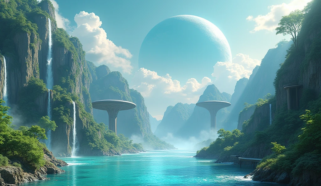 Isometric perspective view. Immerse yourself in a paradise world, enlightened and rich, where the purity of the air and the cleanliness of the environment create an atmosphere of unparalleled serenity. A large nearby planet adorns the crystal-clear sky, complementing the natural beauty of the landscape. Majestic waterfalls flow constantly, serving as the heart of this paradise. The inhabitants of this world, beings similar to humans but more beautiful, tall and elegant in their walk, They live in perfect harmony with nature. Their R Style homes. h. Giger, They are mega futuristic, They are perfectly integrated into the natural environment, merging with the flora and fauna that surrounds them. the sun shines brightly, making the waters sparkle with an almost magical glow. The temperature is ideal, further beautifying the air, while the inhabitants of this place enjoy an eternal and happy existence. The film presents an intricate and harmonious landscape, Captured in a hyper-realistic high-resolution image at 8K. every detail, from artifacts to natural elements, It is highly defined and focused, revealing the perfection of this alien paradise. The cinematography uses a superior wide-angle lens with the maximum possible aperture., allowing every aspect of the scene to be captured with stunning clarity and depth. The lighting is carefully designed in a professional film studio, ensuring that every corner of the stage shines with an ethereal light that enhances the beauty and peace of this world.. "Eternal Harmony" It is a visual journey to an alien paradise, a place where the perfection of nature and the harmony of its inhabitants create a world that seems to be out of time. It is the sunset that dyes the landscape pink and orange and in harmony with the environment, A reminder of what can be achieved when technology and nature coexist in perfect unity..
