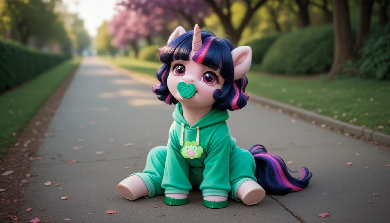 pony, Unicorn, purple wool, dark blue mane with purple streak and pink streak, the tail is dark blue with a purple strand and a pink strand, purple eyes, sitting outside, adult filly, wearing a green onesie and green booties, green pacifier in mouth, solo, thick diaper under clothes.