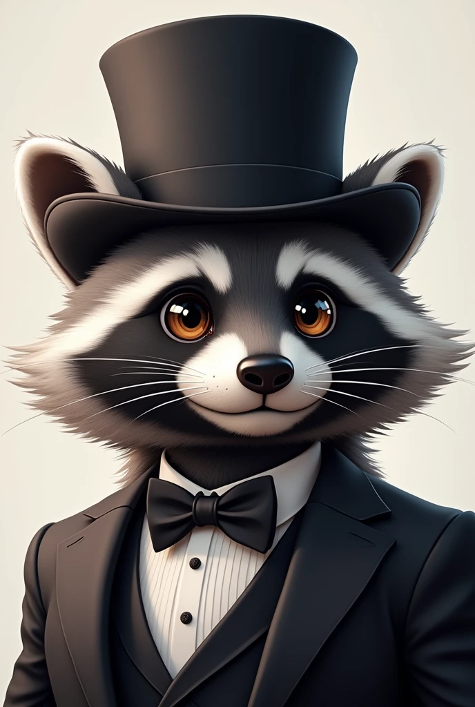 headshot of a fluffy, gray-furred anthropomorphic raccoon, expert smile, He has brown eyes, grey ears, he is dressed in a black top hat and suit, high quality furry art, high quality fursona ref.