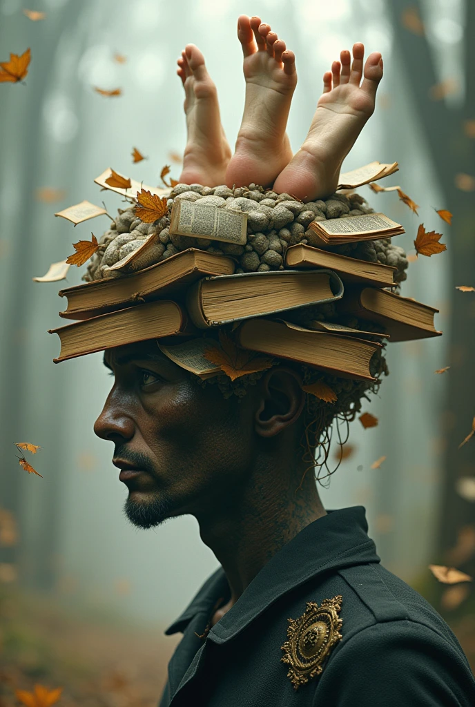A Man with a Brain Made of Books,have feet growing on the head