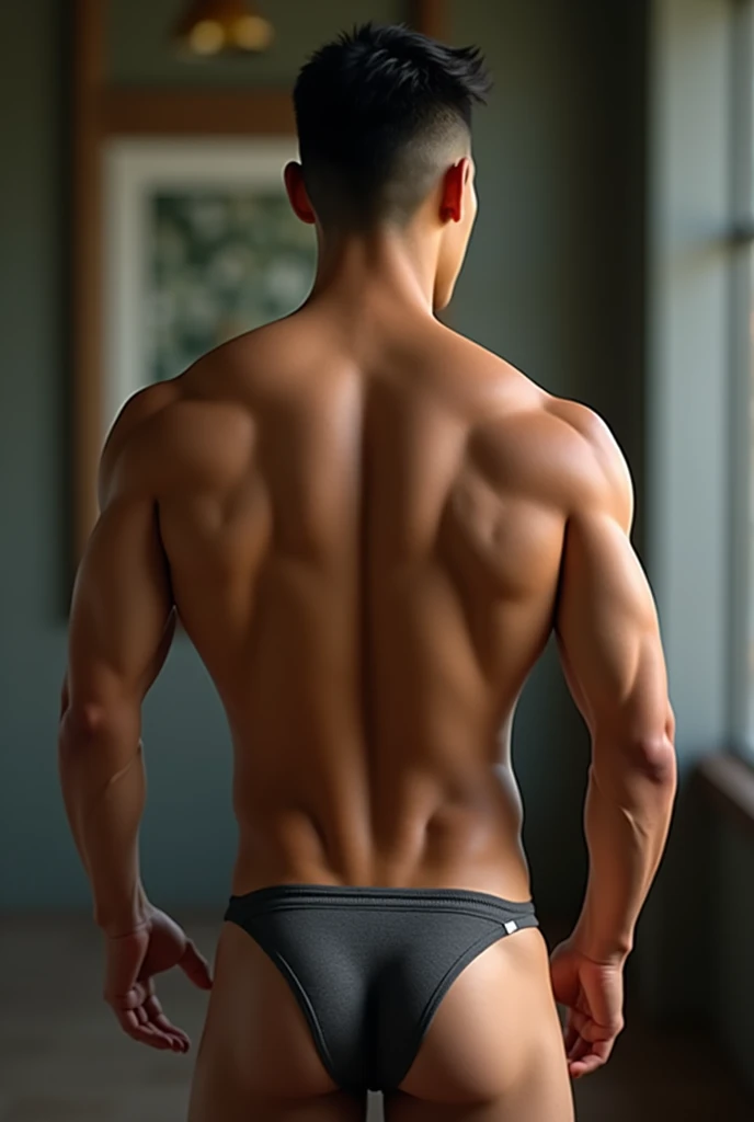 (Photorealism:1.2)high resolution, Handsome Thai man with a good figure, Tanned skin, Six-pack abs, Wear G-string underwear., Stand with your back to you., Twisting, Look over his shoulder at the camera.