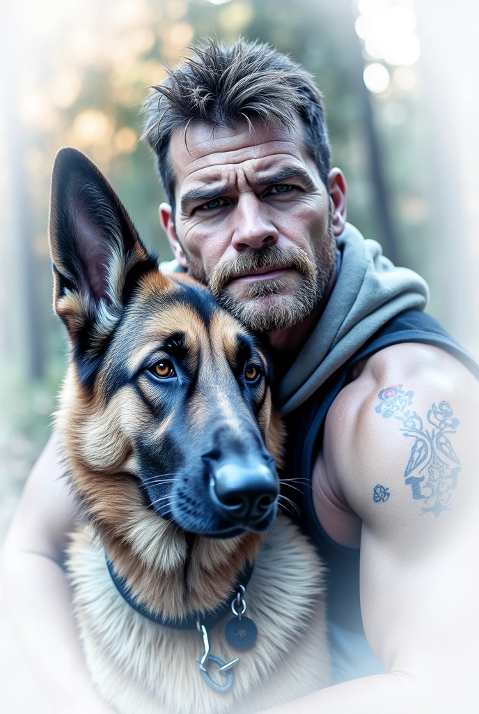 a man with a german shepherd dog, highly detailed portrait, photorealistic, 8k, studio lighting, dramatic lighting, deep focus, detailed facial features, piercing eyes, warm skin tones, rugged features, muscular build, confident expression, german shepherd dog, loyal companion, sitting together, outdoor forest setting, sunlight filtering through trees, rich earthy tones, lush greenery, natural textures, cinematic composition, professional portrait photography