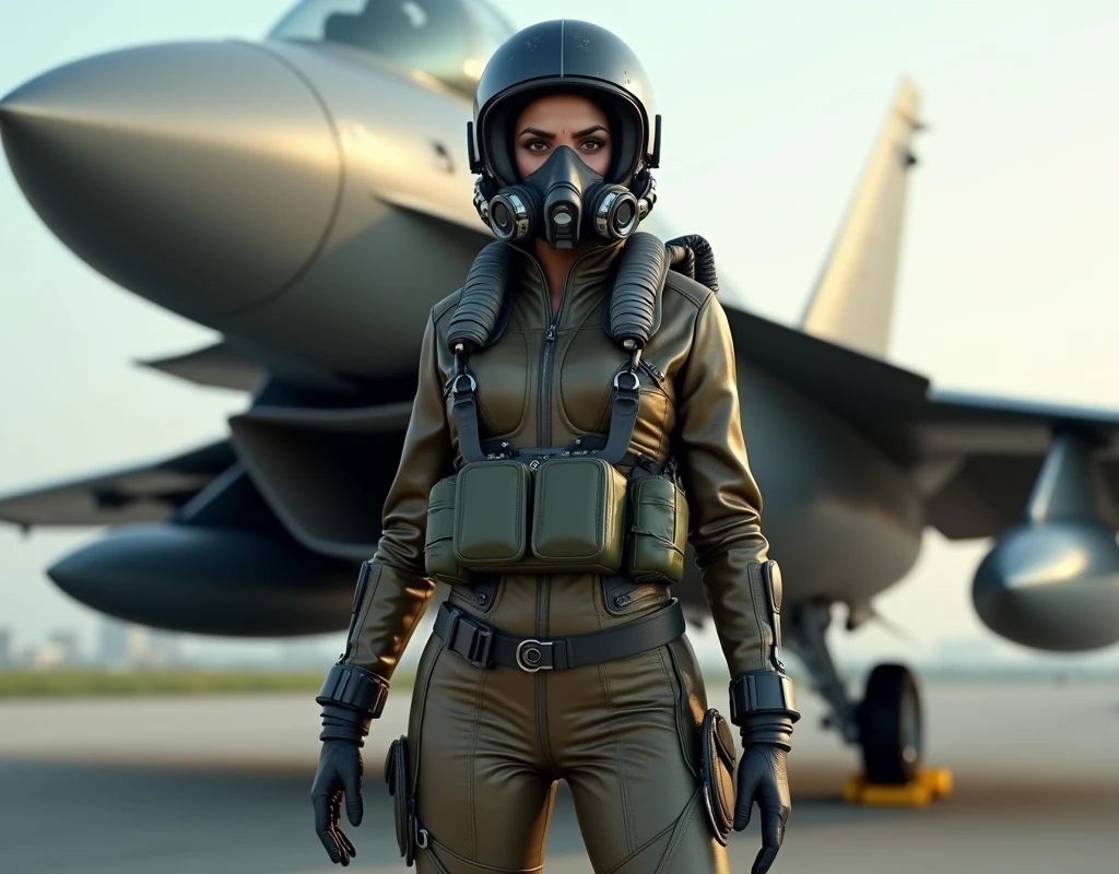 Aishwarya Rai wearing a fighter pilot suit, wearing a pilot helmet and oxygen mask, standing beside a fighter plane, full body view, far view,