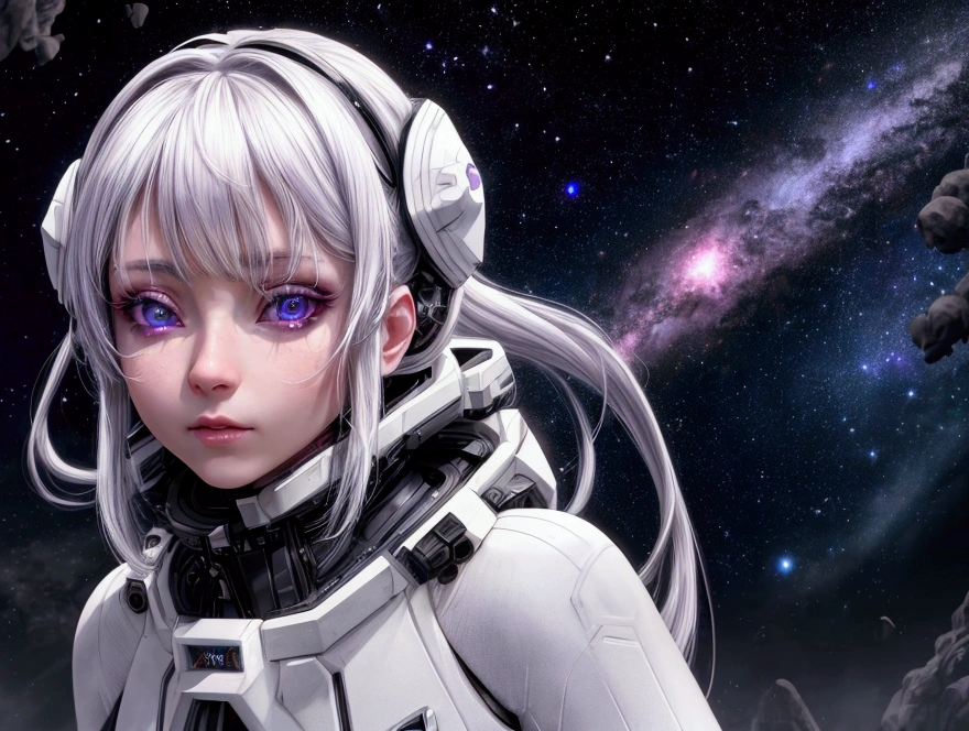 a woman with violet eyes, white hair, wearing a futuristic spacesuit, in outer space, (best quality,4k,8k,highres,masterpiece:1.2),ultra-detailed,(realistic,photorealistic,photo-realistic:1.37),cinematic lighting,dramatic atmosphere,intricate details,volumetric lighting,glowing eyes,flowing white hair,detailed spacesuit,floating in zero gravity,vast cosmic landscape,nebulae,distant stars