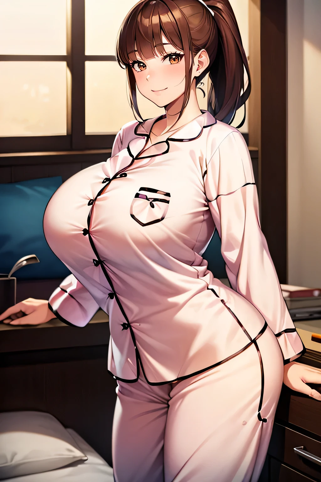 (high resolution), the digital cartoon female standing, 1girl, woman, mature female, house wife, 40 years old, curvy, breasts, smile, (pajamas:1.5), gigantic breasts, solo, brown hair, ponytail, blunt bangs, brown eyes, looking at viewer, bedroom,