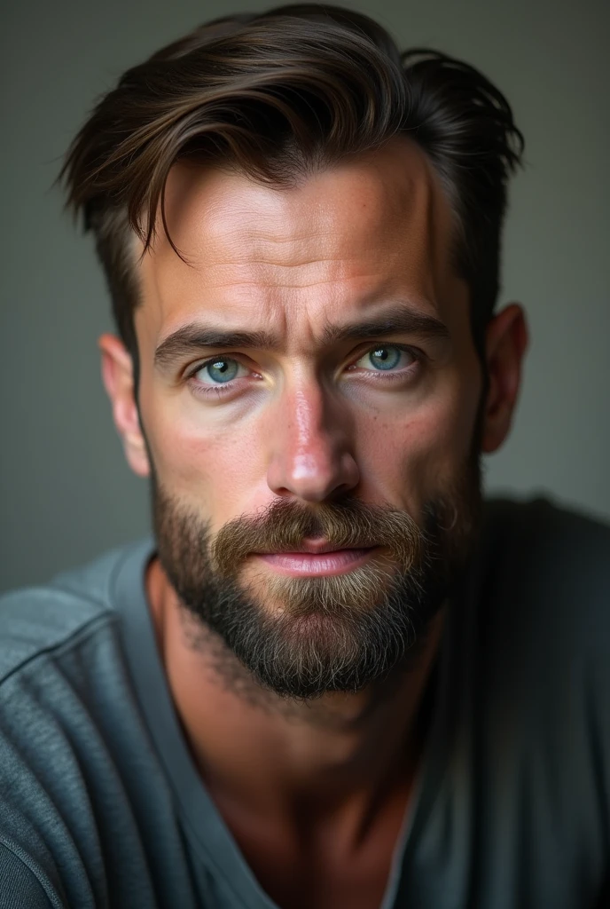 A 40 year old man, brunette, blue eyes and beard