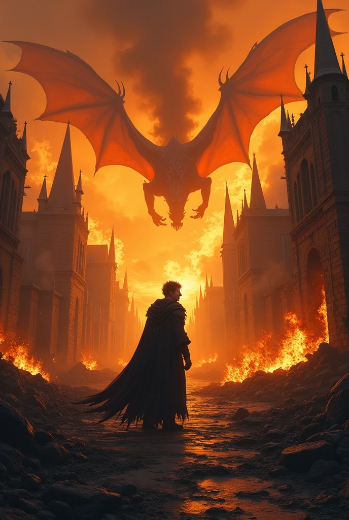 I would like an image of a medieval kingdom destroyed in flames with a disfigured king not knowing what else can be done for the kingdom, in the bottom of the sky a dragon