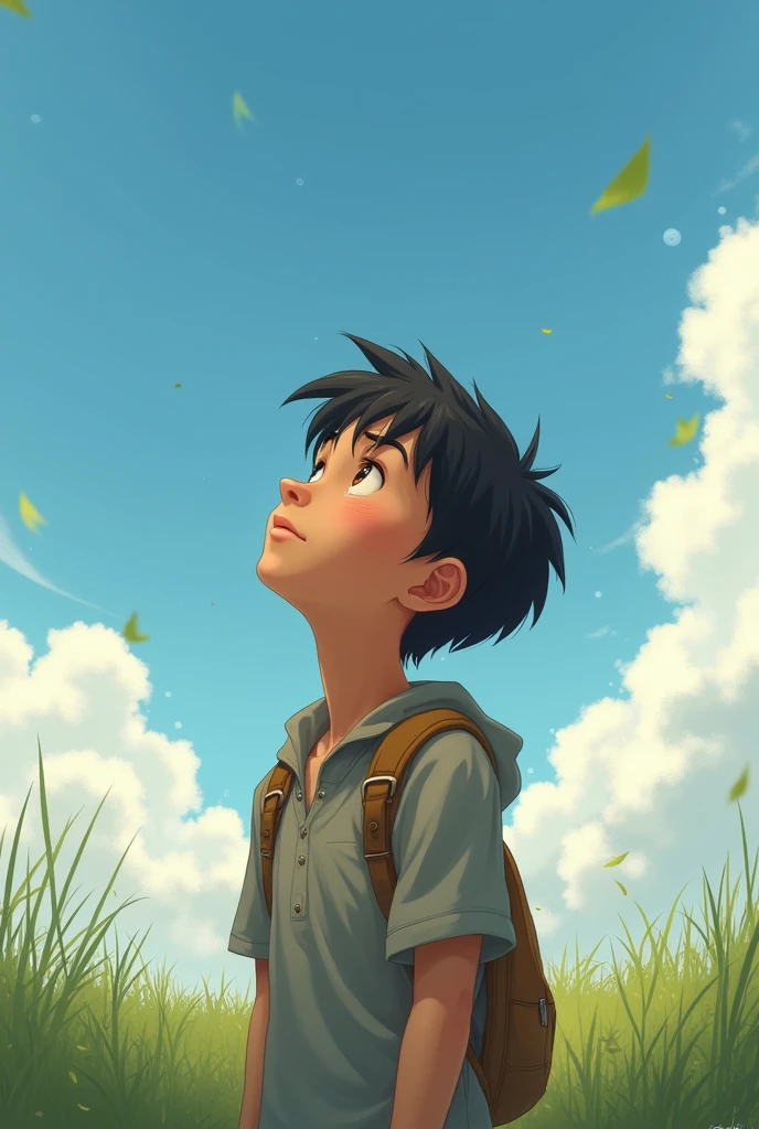 Small boy like year 9 year thinking about his future and. Head is up to see sky. More realistic feel