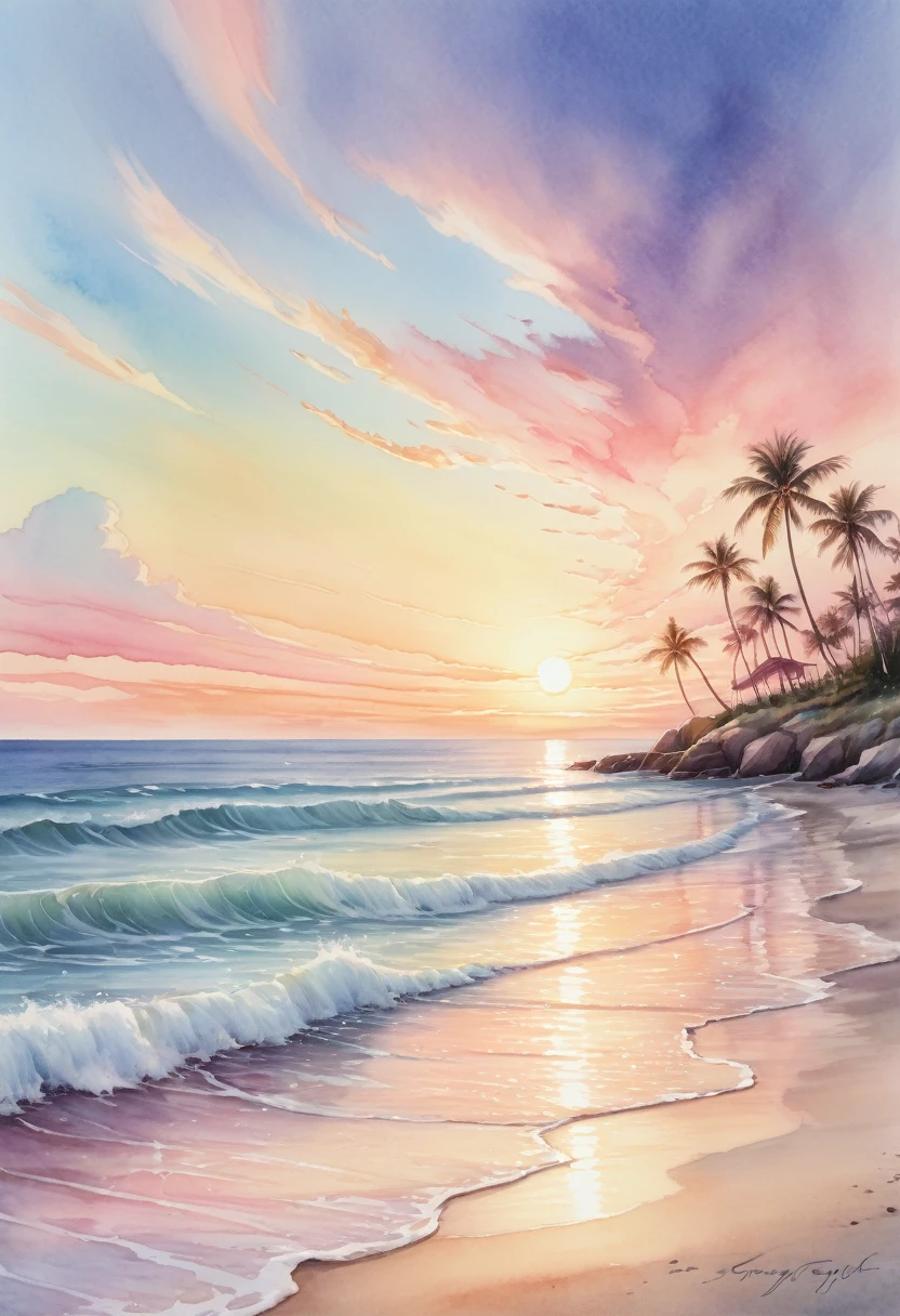 A transparent watercolor painting of a serene beach scene with gentle waves and a calming sunset, using soft pastel colors. not woman.