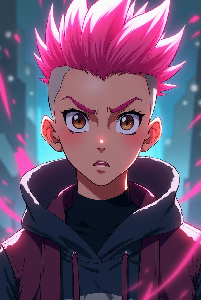 a teenage boy with shaved pink hair on black bottom, brown eyes anime style jujutsu kaisen