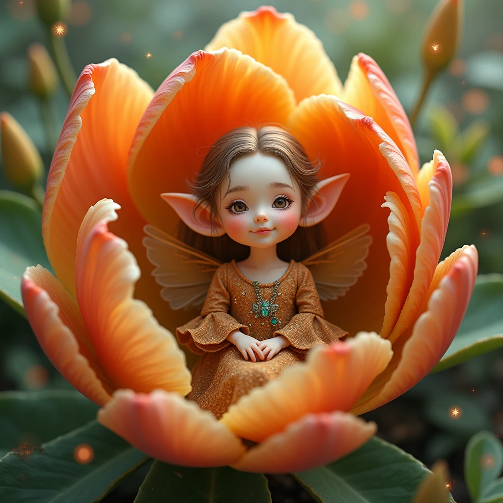 little elf woman with wings inside of a flower