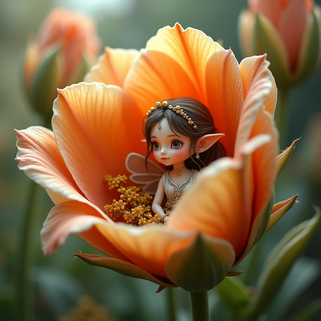 little elf woman with wings inside of a flower
