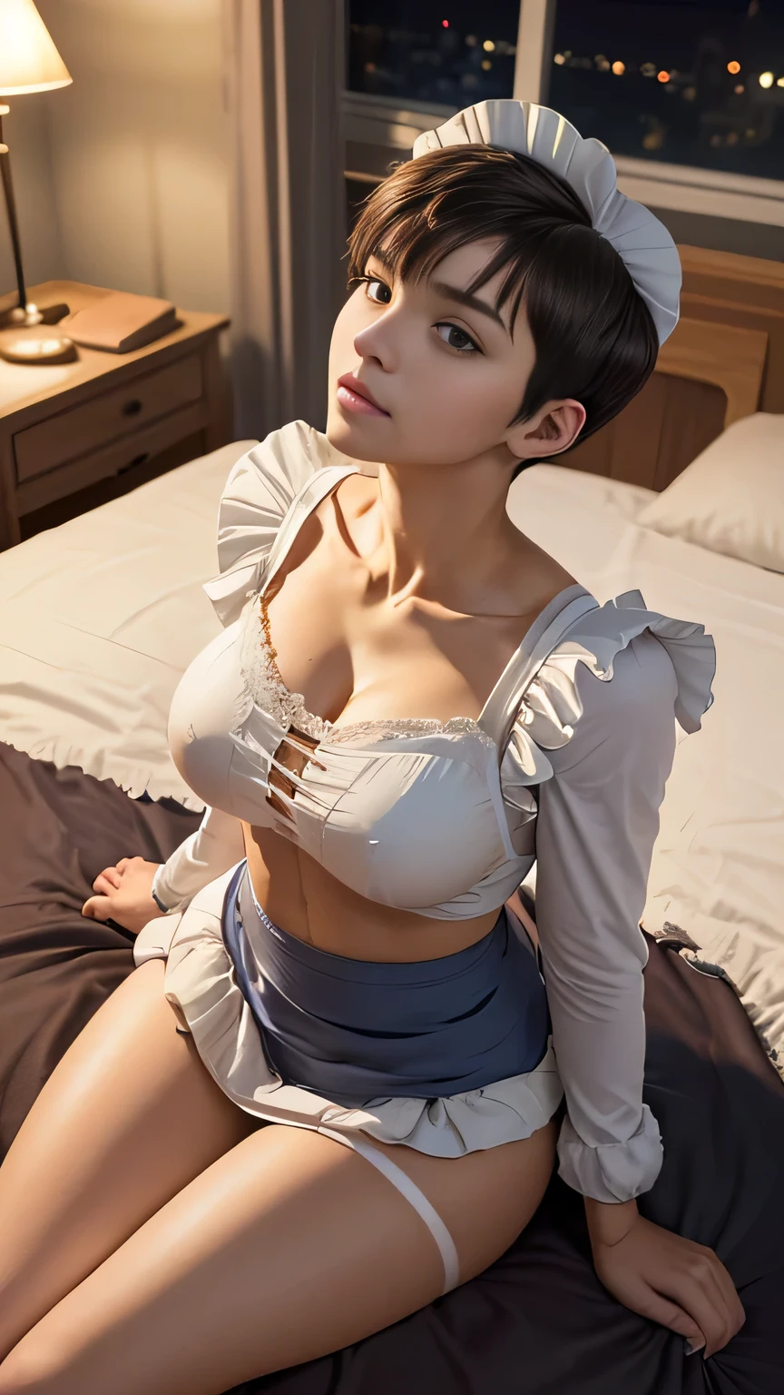 photo of mlp Meowko, RAW, beautiful woman, ((portrait)), ((detailed face:1.2)), ((anime face, anime facial feature, clear skin, glossy anime lips, clear skin), (short messy lesbian haircut, brunette: 1.55), (perfect proportioned body, Strong, muscular, narrow waist, narrow hips, skinny, large breasts), arched back (wearing a maid costume, short skirt long sleeve: 1.5)), (high detailed bedroom, sitting on bed, looking up at viewer: 1.3), (realistic photo, best quality, detailed), (8k wallpaper), (cinematic lighting, beautiful light, (night:1.3)) (sharp focus, intricate)