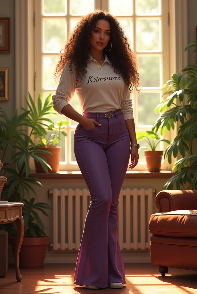 (photorealism:1.2), beautiful plus woman, standing in office , wearing bell bottom of dark lavender colour , shirt with kolorstone written on it, long curly hair, indoors, soft lighting, plants in background, window with sunlight, cozy room, relaxed pose, realistic, intricate details, warm colors, by Greg Rutkowski, by Alphonse Mucha