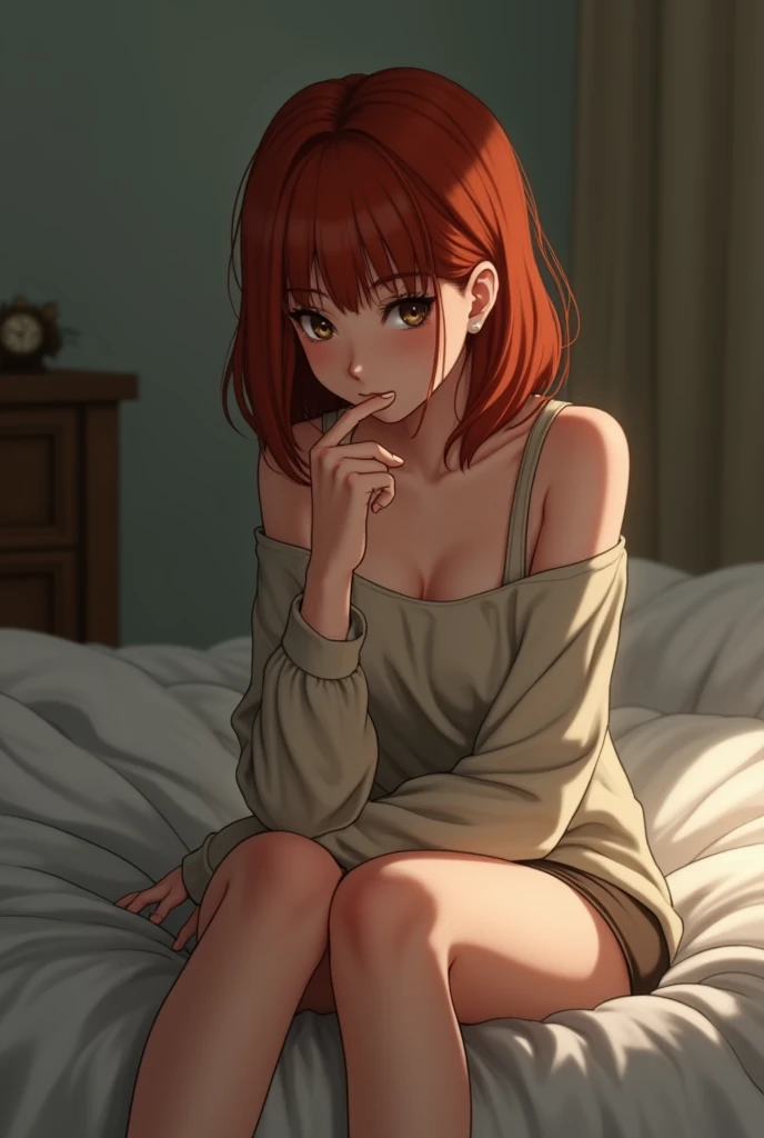 Gender:  
Height: 1,58cm Age: 
sitting on the bed, with finger in mouth Hair: red eyes: brown 