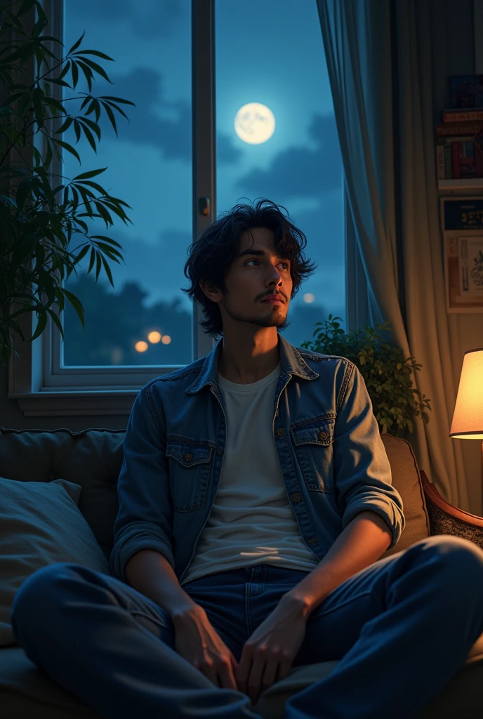 A man, lonely ,sitting on field in night , wearing t shirt with denim jacket , jeans , medium fade hair, indoors, soft lighting, plants in background, window with moon, cozy room, relaxed pose, realistic, intricate details, night,