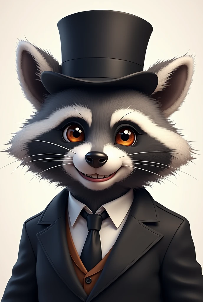 headshot of a fluffy, gray-furred anthropomorphic raccoon, expert smile, He has brown eyes, grey ears, he is dressed in a black top hat and suit, high quality furry art, high quality fursona ref.