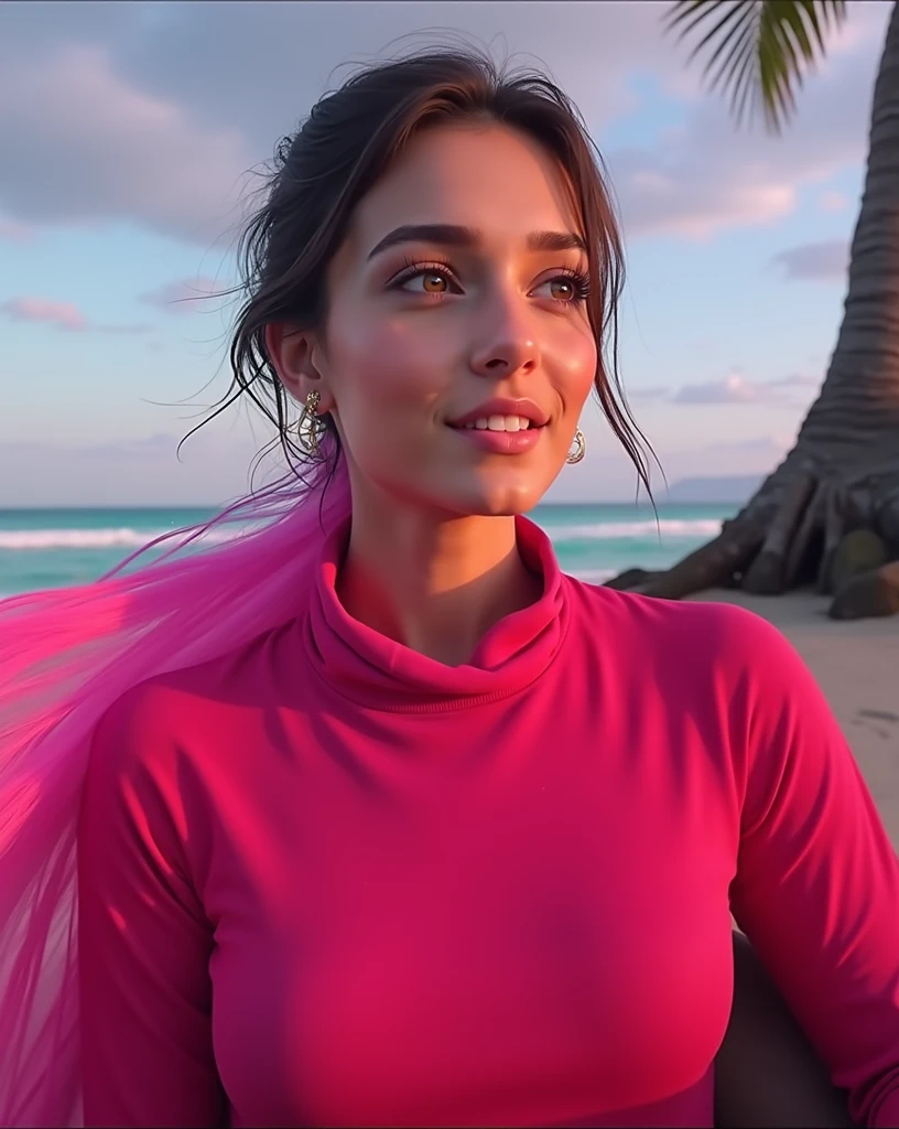 a beautiful girl wearing a bikini on the beach, detailed face and eyes, toned body, golden sun-kissed skin, long flowing hair, sand, ocean waves, palm trees, sunset colors, photorealistic, 8k, ultra-detailed, (best quality, masterpiece:1.2), (realistic, photo-realistic:1.37), vibrant colors, dynamic lighting, cinematic composition