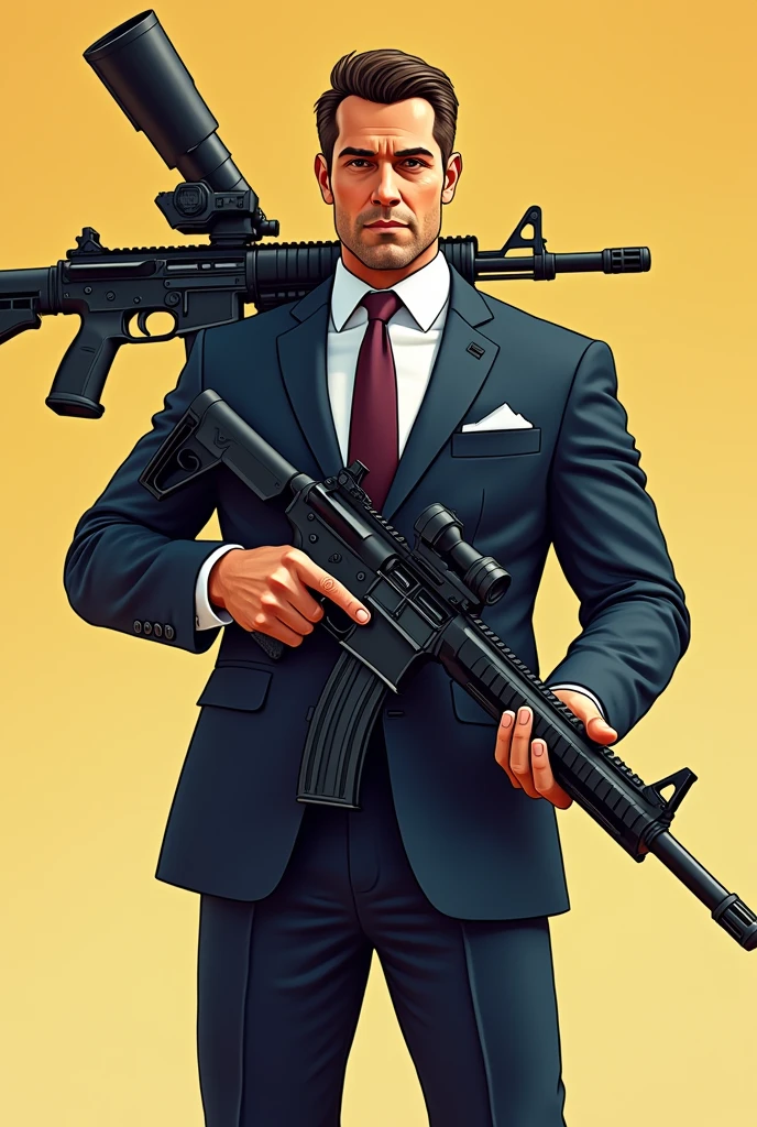 A 30 year man who wears a suit have a big machine gun in one hand and machine gun rest on his shoulder , looking at screen realistic image face and body properly visible body facing front side while man looking left side man alon in image make it cartoon effect