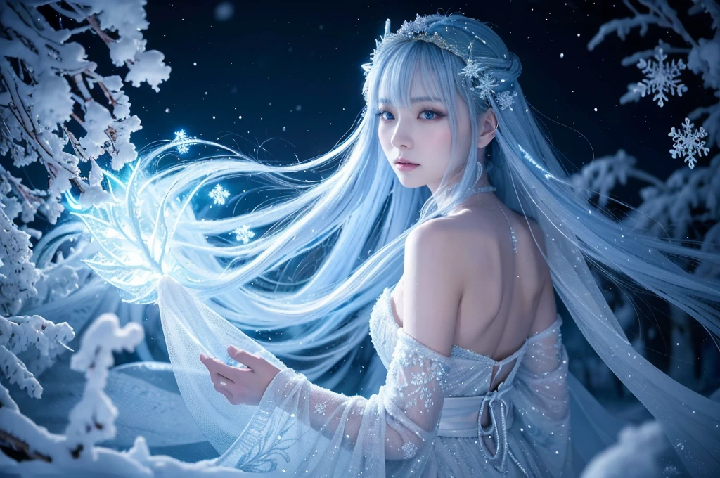 **Prompt:** Create an ultra-realistic 8K image of Yuki-onna, the snow spirit from Japanese folklore, reimagined as the ultimate fantasy character while retaining her iconic features. Yuki-onna is depicted with ethereal, porcelain-like skin that shimmers with a faint, icy glow, embodying the essence of winter. Her long, flowing black hair cascades down her back, adorned with delicate snowflakes that sparkle like diamonds in the moonlight. Her eyes are a mesmerizing icy blue, radiating a calm yet powerful aura.
She is dressed in a flowing, enchanted gown made of frost and snow, with intricate patterns of ice crystals that seem to shift and change as she moves. The gown’s hem trails behind her, leaving a path of frost on the ground. Her presence is both regal and otherworldly, with an air of mystery and magic that surrounds her.
The background features a breathtaking winter landscape, with towering ice castles, shimmering auroras in the night sky, and snow-covered forests that stretch as far as the eye can see. Magical creatures, such as frost spirits and snow wolves, can be seen in the distance, adding to the fantastical atmosphere. Yuki-onna stands at the center of this enchanted realm, exuding a serene yet powerful presence, embodying the very spirit of winter in a world of ultimate fantasy.