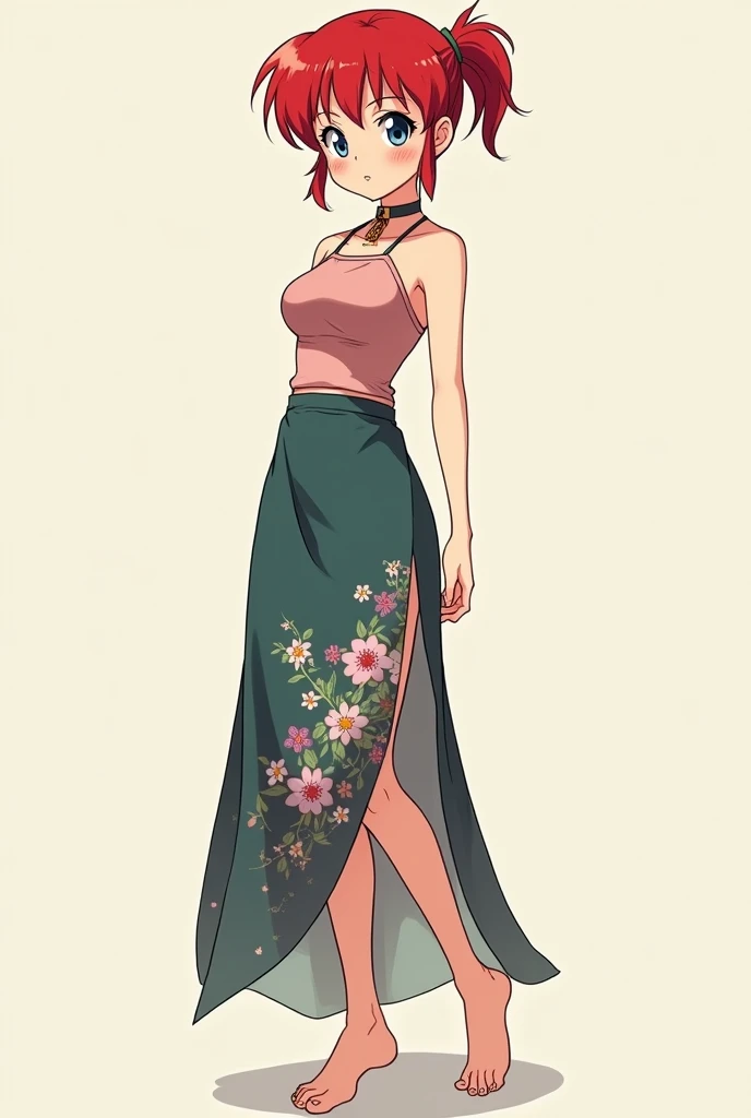 Create Female Ranma, make a girl,Clear contours, Color full-body photo, (beautiful and delicate eyes), (Nice face:1.3), childish face, Short red hair，Configure single ponytail, (Bangs), bumpy Bangs, blue gray eyes, big eyes，plump breasts，(Chinese Hanfu:Horse-faced long skirt),top: Fitted white halter shirt,Bottom light purple chiffon high-waisted loose and elegant nine-point pleated long skirt(actual:1.2),(Floral),   (actual上下身衣服是:3.7 scale)，Face the camera head-on，Bend one foot slightly against the calf of the other leg。