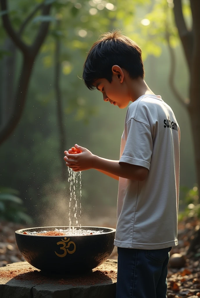 A  boy wear a white tshirt and printed on back "SUBHAM" he is dropping water on Lord shiva's shivling and shivling is black colour on printed "Om (ॐ)" 4k realistic