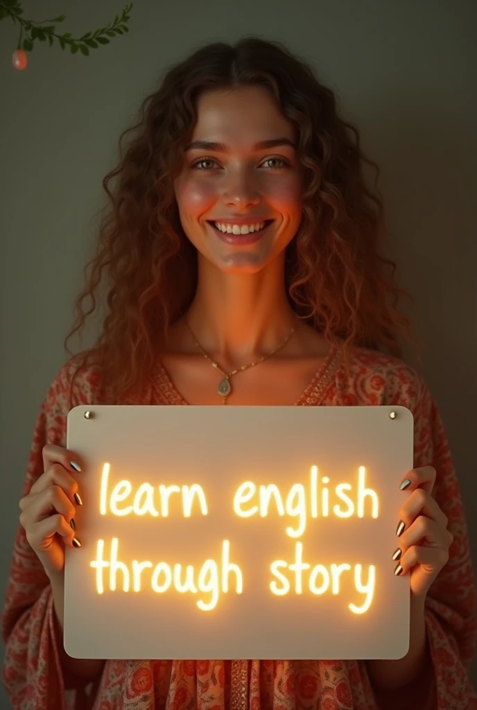 Beautiful girl with heart-warming smile and wavy long hair, bohemian dress, holding a white board with text "learn English Through Story" and showing it to the viewer, the board is glowing with a the text.