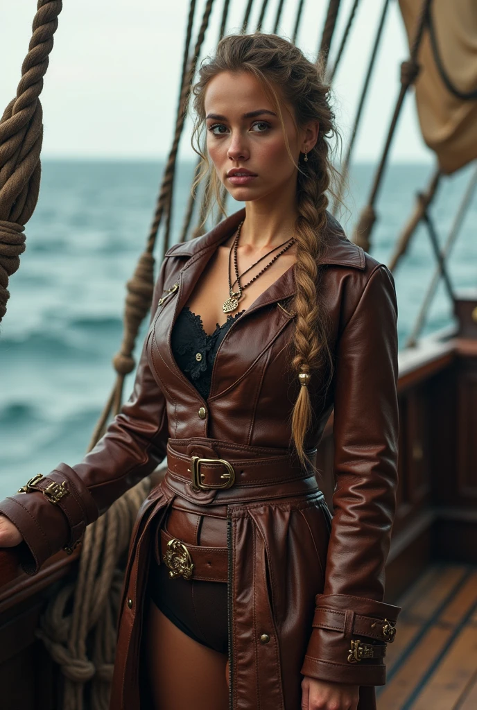 complete photo of a 30 years old woman with light brownblond braided hair. She is standing on a pirate ship. She is wearing a glossy brown leather pirate costume and leather coat. She is also wearing brown leather overknee boots. She is holding a saber in one hand. She is smiling mischievous.