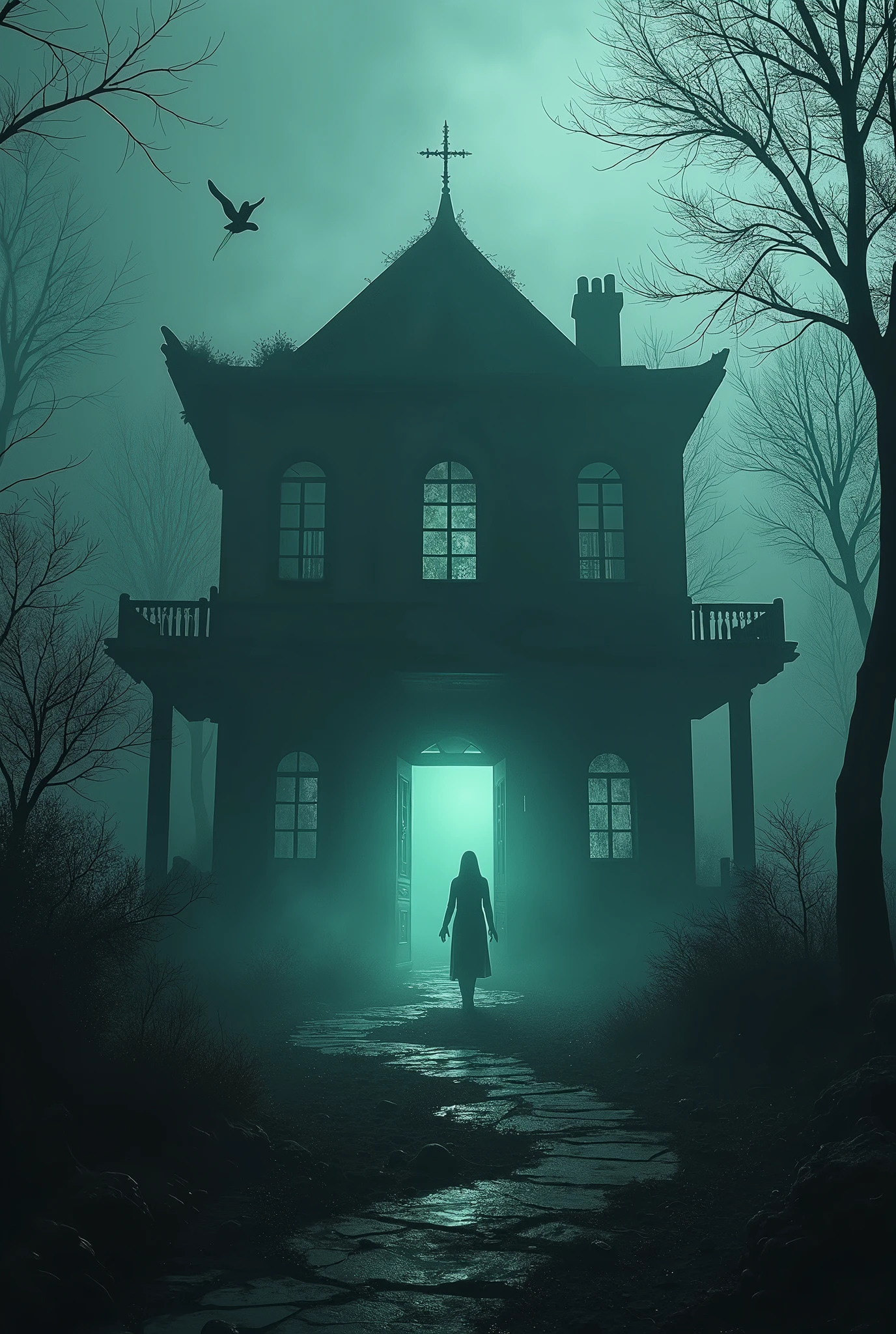Haunted house
Dark, gloomy
Foggy atmosphere
Ghosts: Hồn ma
Flying spirits: Linh hồn bay lơ lửng
Creepy
Broken windows, cracked walls
Abandoned
Eerie light
Overgrown vegetation