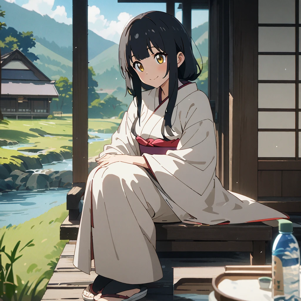 Girl in kimono、Black hair tousled by the wind、Hime cut、Golden Eye、Sitting upright on the veranda、Precision spring water in your backyard、Japanese countryside scenery、Relaxed time、Masterpiece、超Masterpiece、anime、Cel painting、16K、Precise illustrations、Highest quality、front、Detailed depiction、smile、