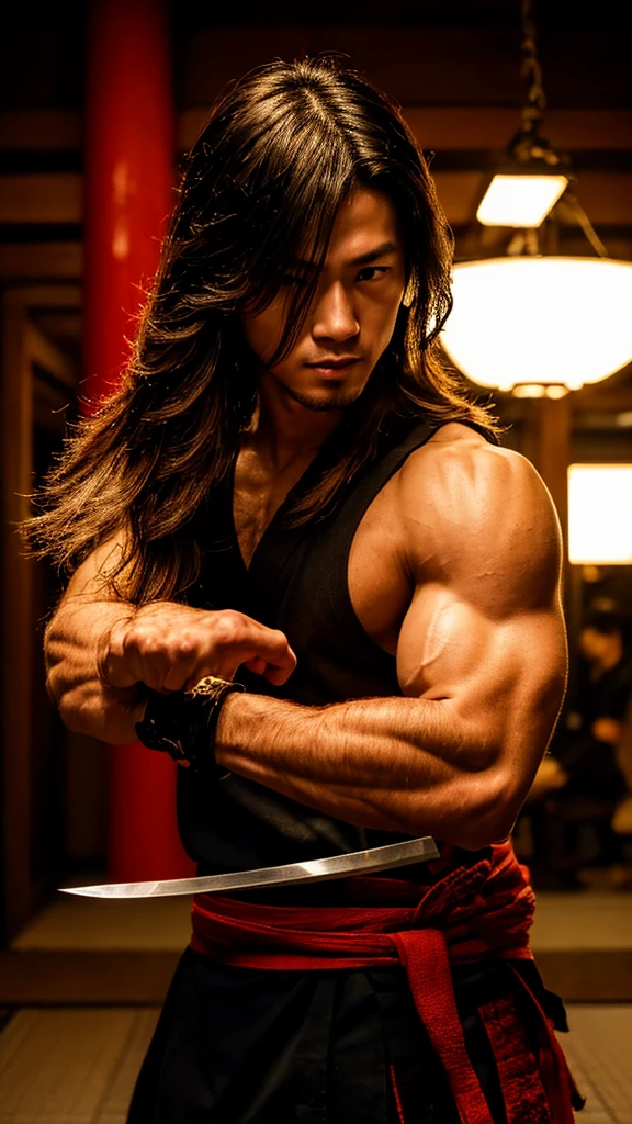 Young Samurai, please stretch your arms, Hold a sword in each hand, Accurate arm and hand detailing, Realist:1.3,( fPhoto, Realist, 8k, RAW Photos, Premium Quality, masterpiece, Great lighting, Centered Images), (Dynamic Movement, Dynamic Fighting,), (2 Knives), Fight with two swords, whole body, (Disheveled brown long hair), (Handsome Japanese young man, 1, Be confident、Trained muscles., Wildman and his body in perfect detail), View your viewers, cyber punk, Warrior, Tokyo, Shibuya Ward,