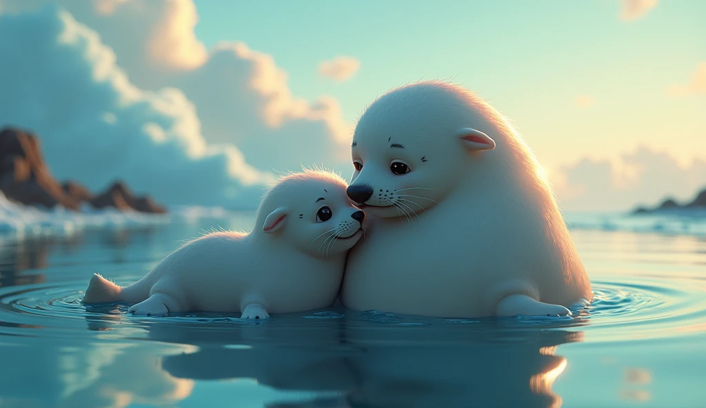 Image:* The storm clearing with calm waters, and seal mother looking at baby seal with gratitude and love.
Cinematic cartoon 3d style 