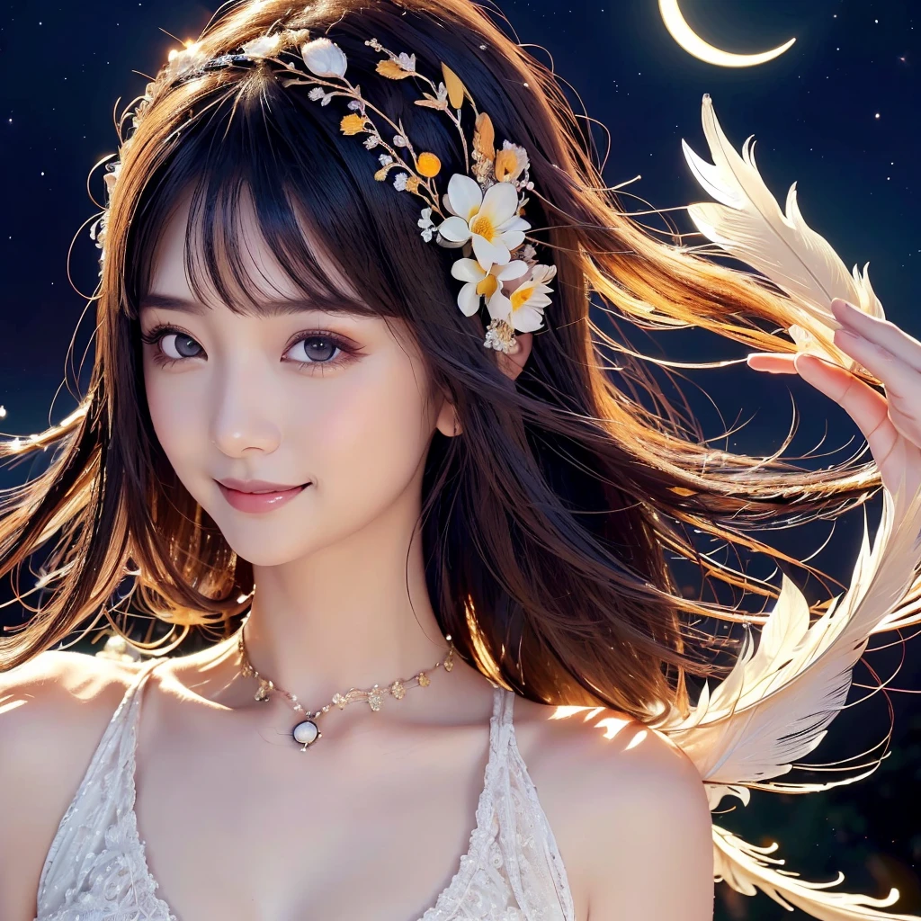 (Sun, moon and stars,night sky),(Masterpiece、top quality、top quality、official art、Exquisite and beautiful:1.2, 1 girl(Hinata hyuga),Current Ions,aurora,Very detailed、(fractal art:1.3)、Colorful、most detailed, big breasts, (Posture in motion:1.4)、Beautiful and delicate face with details、Beautiful and delicate eyes with details、Very fine eye definition, (symmetrical eyes:1.3),((natural smile)),Floral fragrance,feather, Looking at viewer,