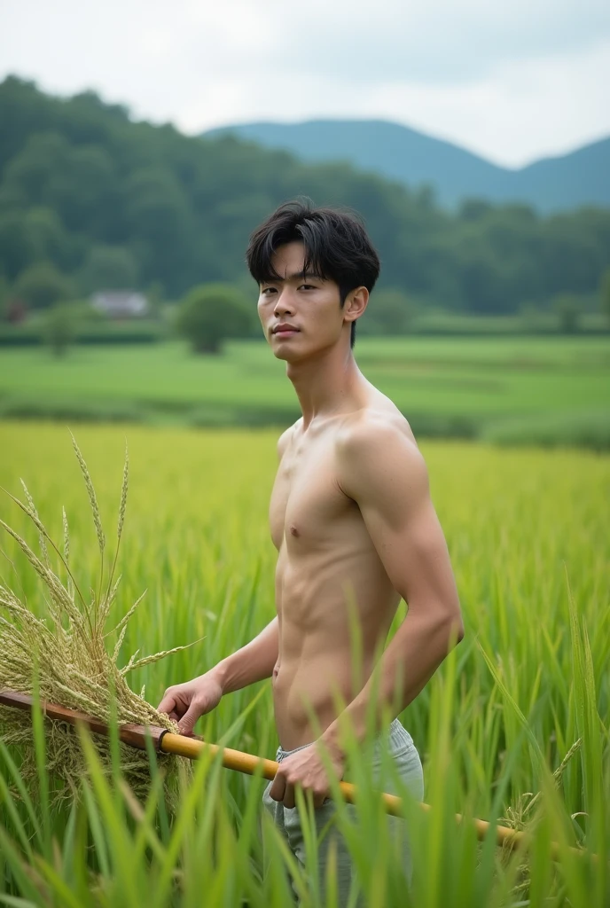 Real photo style、Realistic、Cute handsome man、Idol face、、Japanese、Slim body、Mash Hair、Completely naked、Full nudity、Harvesting rice in a rice field using a grass cutter、Naked