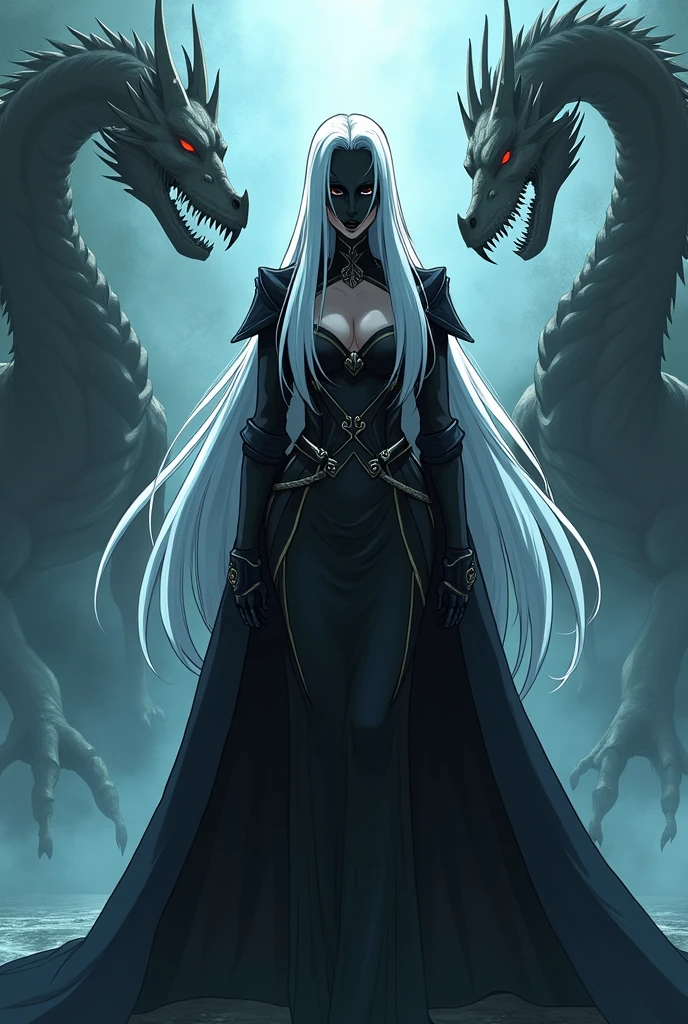 Screenshot My hero academia: Make a woman, long white hair, He wears a knight-style mask, black cape, At its sides two skeletal dragon heads levitate, He wears a mega gentleman-style outfit
