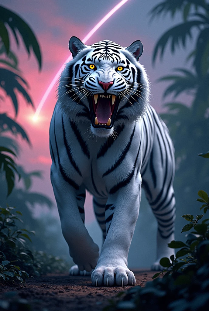 Tiger in white colour with glossy yellow eyes put wear cyber costume roaring in beside of jungle in dark night shooting star falling down and background colour in pink and navy blue