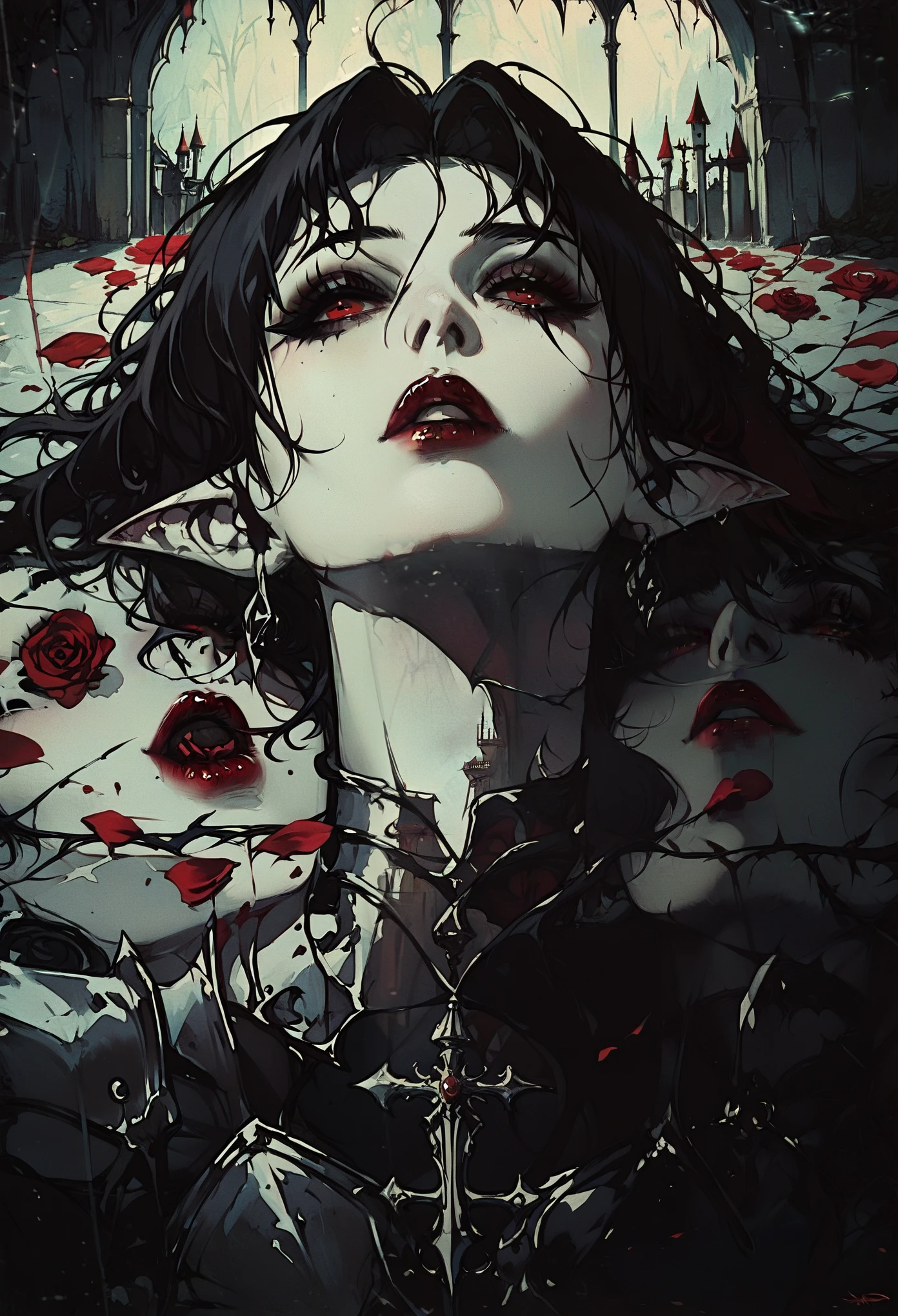  vampires, thick black hair pale skin, Eyes red, Red lips, Black armor with red details, with pointy ears, dark, dark Castle, fully body, lying on rose petals