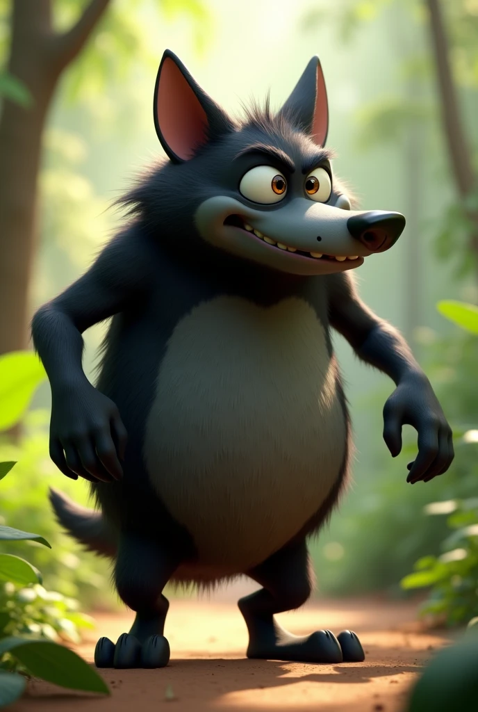 pixar style, sideview of a 3D cute but revengeful mischief black furry wolf with grey snout and belly, with realistic black fur, 3D illustration, captured in a highly exaggerated cartoonish pose blowing air from mouth with full force. The wolf's chest is swollen with air as if it's ready to blow air, with its cheeks puffed out and lips rounded. The wolf's legs are bent, and its arms stretch backward, emphasizing the comical exertion. The expression on the wolf's face is exaggerated, with large eyes, furrowed brows, and a humorous intensity. (1male wolf:1.2), (sinister and mischief expression:1.5), dark behaviour, lean build, (disproportionate body long nose and mouth), (realistic fur texture), (jungle background:1.4), sunlight filtering through the trees, (soft lighting:1.3), (green and earthy color scheme:1.3), (highly detailed), (ultra quality:1.3), (masterpiece), (digital art), 8K resolution, HDR, depth of field, (soft shadows), (photorealistic:1.3), (animation:1.2), (by Greg Rutkowski:0.9), (in the style of Alphonse Mucha), trending on ArtStation, award-winning art