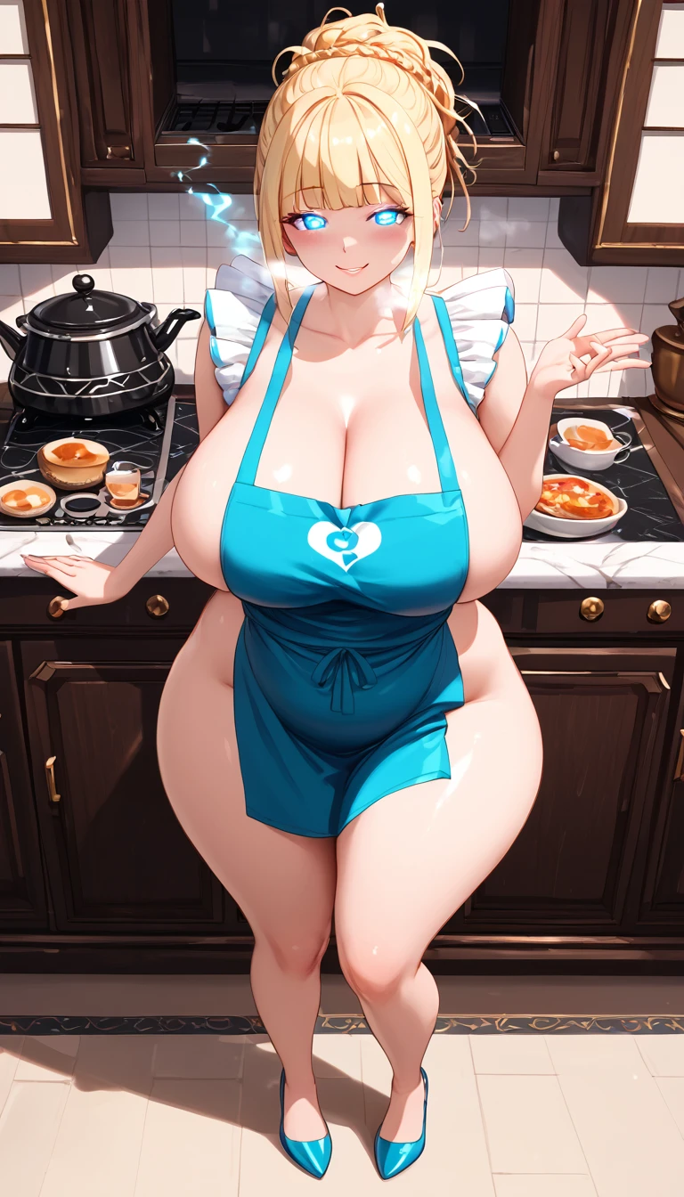 (POV from above), (Best quality: 1.5), (masterpiece: 1.5), (2.5D), (vivid colors), (1 character), (hentai), (perfect anatomy), ( character in center), (absurd), (4k wallpaper), (detailed eyes), (perfect hands), (perfect fingers), (5 fingers on each hand), (beautiful skin), (glowing skin), (perfect shadows), (perfect lighting ), (full body), (beautiful eyes), (masterpiece), (curvy and thick body), (pretty face), a woman in her twenties, standing by a stove, seductive pose, thick thighs, big breasts, big rear, wide hips, out of breath, blonde haired, long messy hairstyle, wearing a tight apron only, out of breath, aroused, blue eyes with a blushing and slightly smiling face, curvy body, good proportions, slightly tiny bit chubby