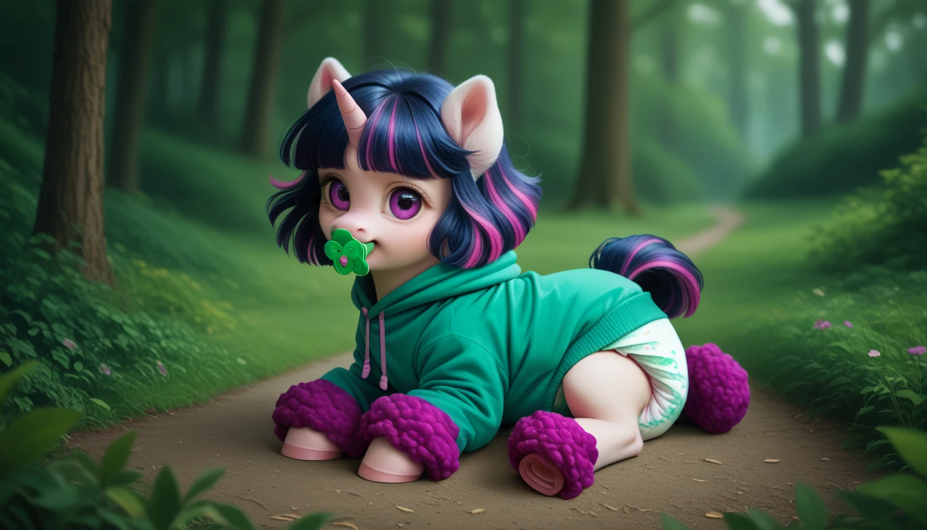 pony, Unicorn, purple wool, dark blue mane with purple streak and pink streak, the tail is dark blue with a purple strand and a pink strand, purple eyes, sitting outside, adult filly, wearing a green onesie and green booties, green pacifier in mouth, solo, thick diaper under clothes.