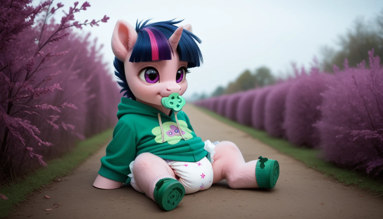 pony, Unicorn, purple wool, dark blue mane with purple streak and pink streak, the tail is dark blue with a purple strand and a pink strand, purple eyes, sitting outside, adult filly, wearing a green onesie and green booties, green pacifier in mouth, solo, thick diaper under clothes.