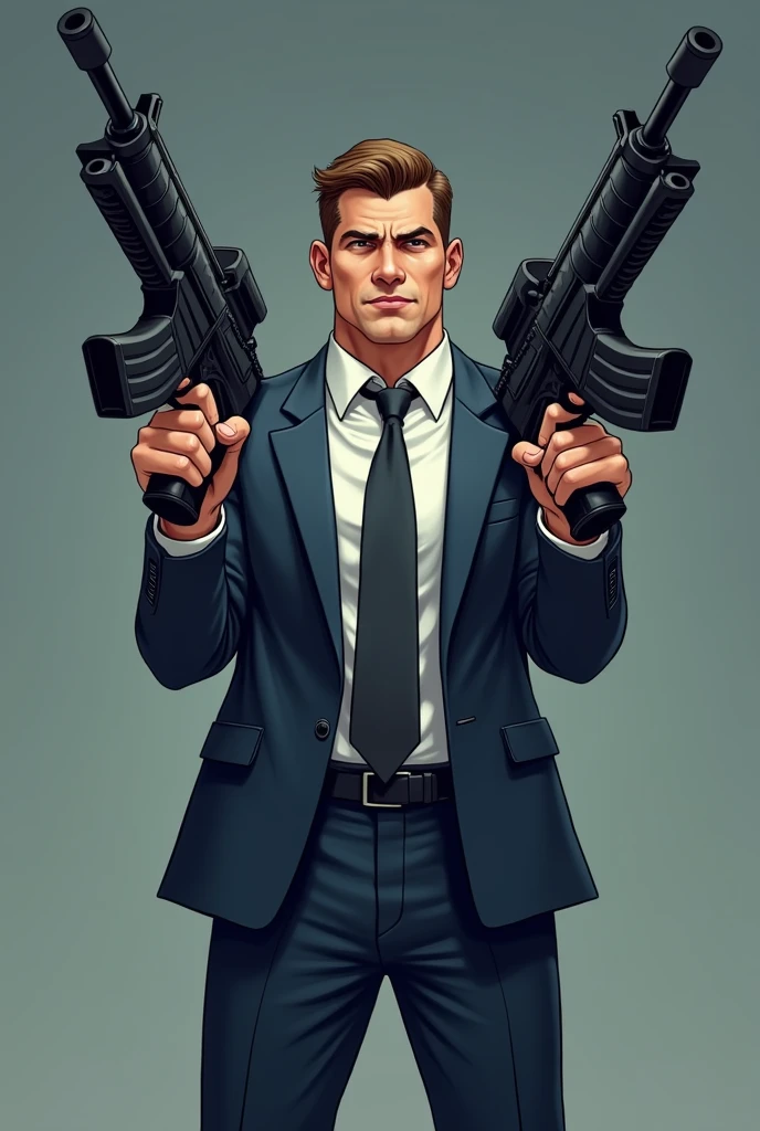 A 30 year man who wears a suit have a big machine gun in one hand and machine gun , looking at screen realistic image face and body properly visible body facing front side while man looking left side man alon in image make it cartoon effect