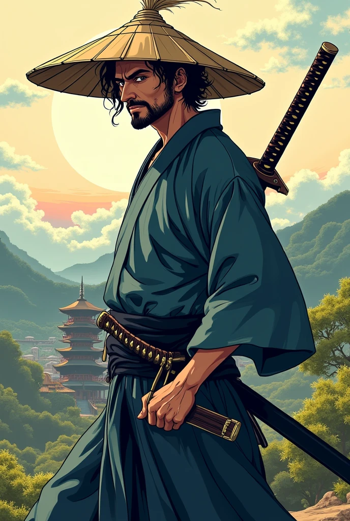 A samurai with a straw hat and a katana in anime style
