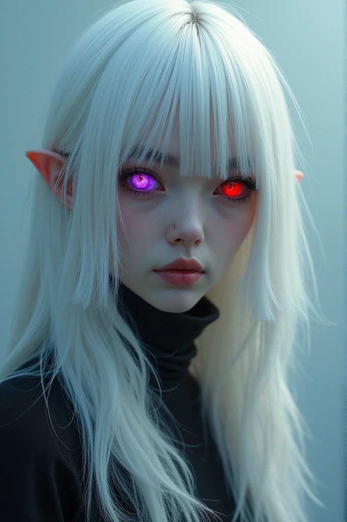 left eye red, purple right eye, White hair, Chico, high.