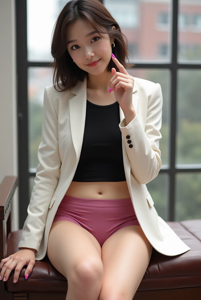 (masterpiece:1.2,8k, raw photo, ultra quality), absurdres, (photo realistic:2), high detail raw color photo,skiny skin, professional photograph,((best quality))、(bare legs:1.2), (navel baring:1.1), Very beautiful Japanese women、OL office lady、Watch the audience、pointing、miniskirt、upskirt、Panty peeking、(Magenta Panties)、trimmed panties、smile、(View your viewers)、short hair、white background、Sit on a bench、Flash photography、skirt lift、panty peek
