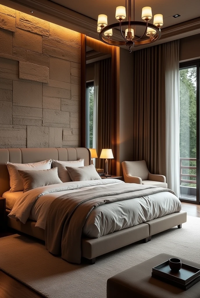 Luxurious master bedroom with double bed, dressed with premium linens., installed against a textured stone wall. It&#39;s warm in the room, a cozy atmosphere with soft lighting from modern bedside lamps and a chandelier. A cozy seating area with a soft armchair and a small coffee table is located near the floor-to-ceiling windows.., offering private views of the forest. Bathroom in the room, visible through the smooth glass door, The room features a freestanding bathtub and double vanities with marble countertops...