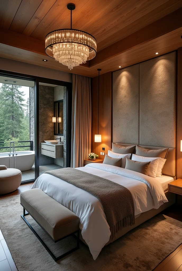 Luxurious master bedroom with double bed, dressed with premium linens., installed against a textured stone wall. It's warm in the room, a cozy atmosphere with soft lighting from modern bedside lamps and a chandelier. A cozy seating area with a soft armchair and a small coffee table is located near the floor-to-ceiling windows.., offering private views of the forest. Bathroom in the room, visible through the smooth glass door, The room features a freestanding bathtub and double vanities with marble countertops...